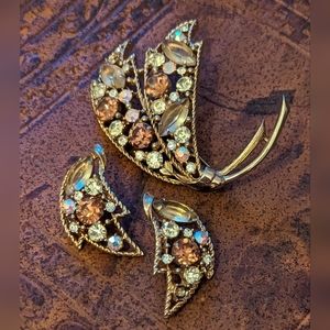 Vintage Sequined Leaf Brooch and Earrings Set